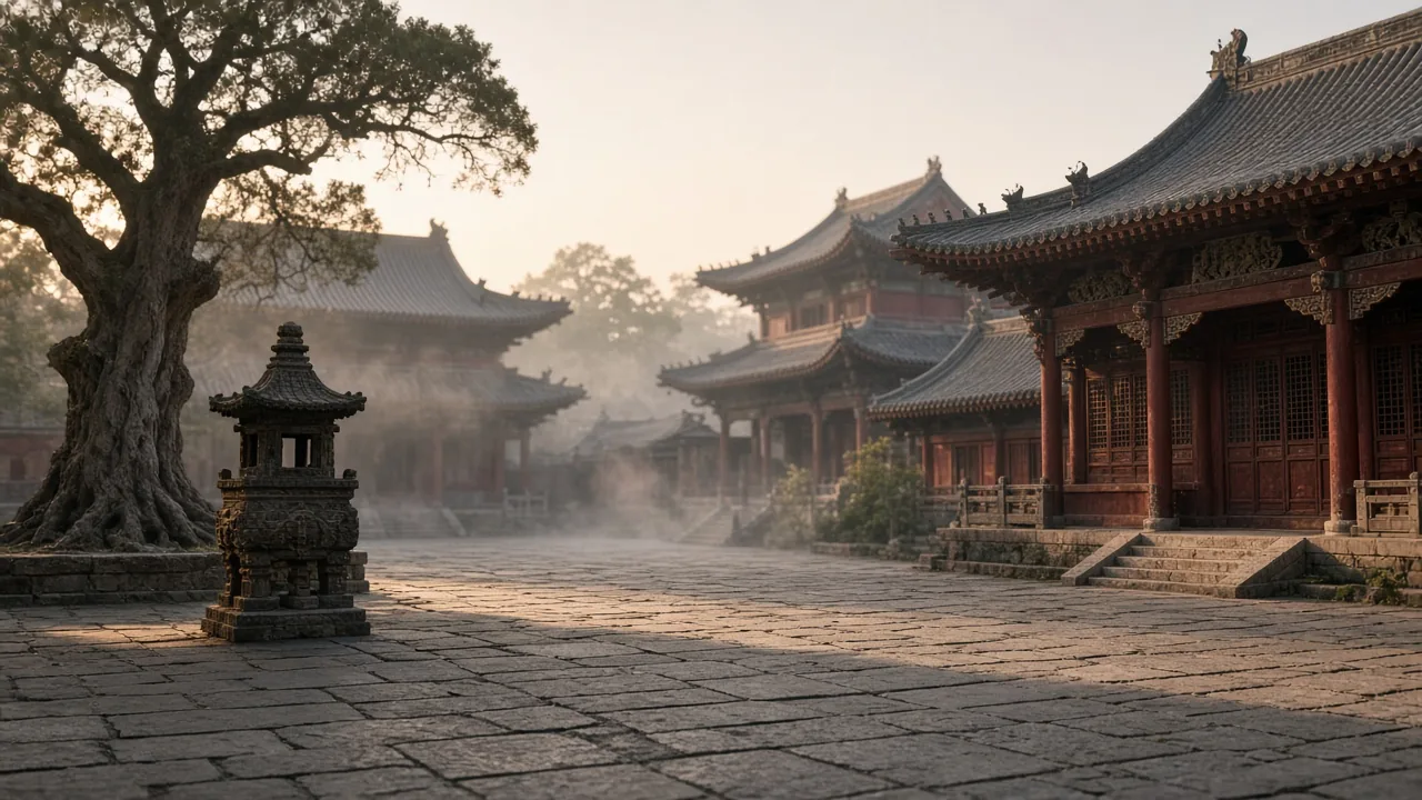 A quiet temple courtyard at dawn with an old tree and a stone lantern