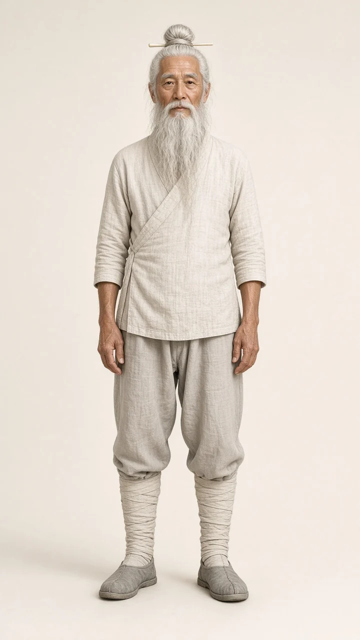Old Pine, an elderly teacher in undyed linen with a silver beard